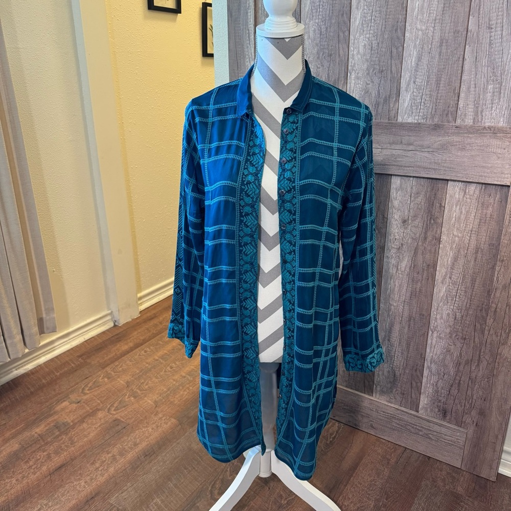 Johnny Was Teal Plaid Embroidered Longline Tunic